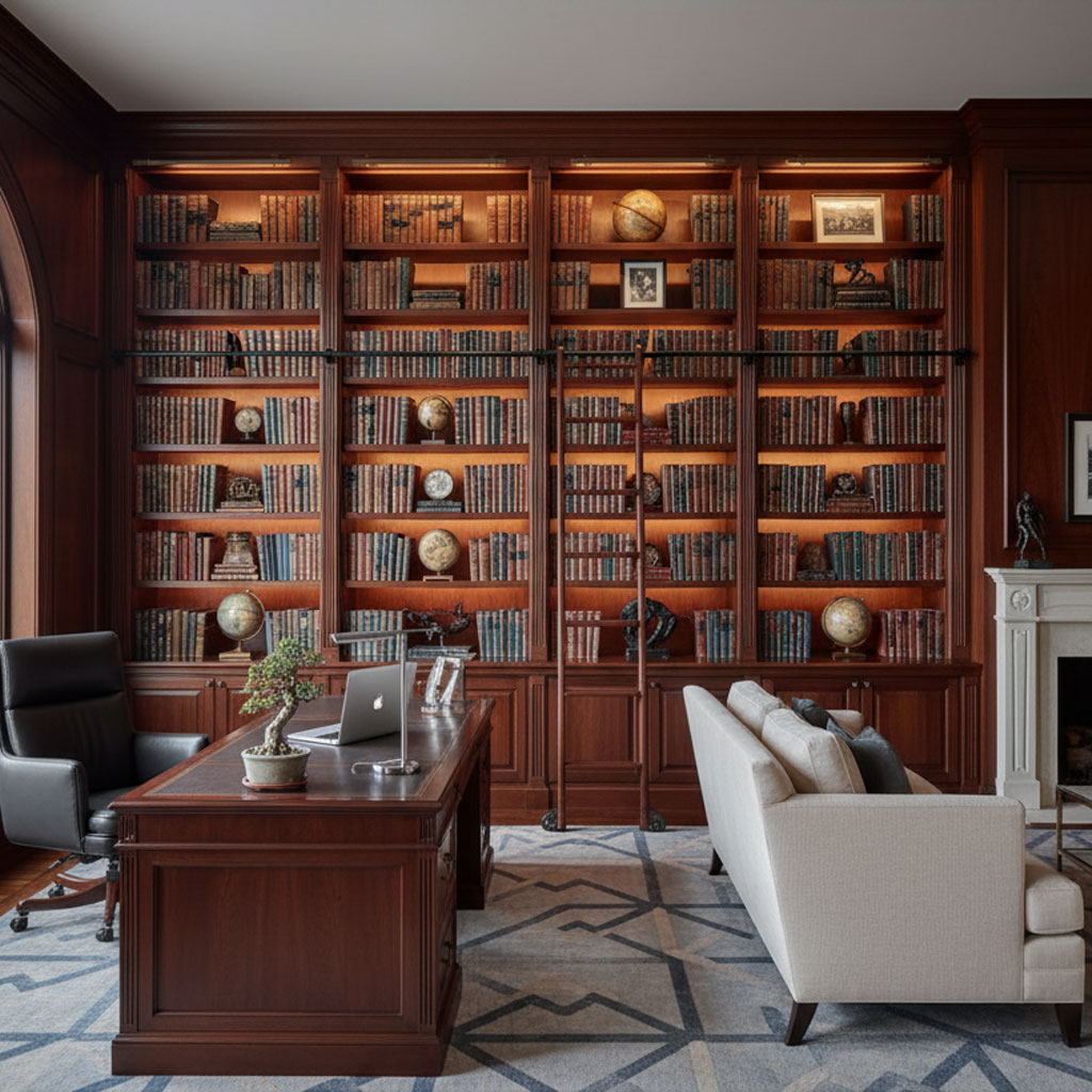 Custom library with wood cabinetry painted by R. Courtney Painting